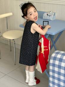 DAZY Young Girl' Casual Floral All-Over Print Loose Denim Dress, Round Neck,Girls Summer Outfits - Blue - View 1