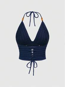 ROMWE Women Boho Hippie Style Summer, Moon & Star Embroidery Knit Beaded Top - Navy Blue - View 4