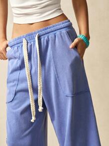 Bohemela 乡村风休闲度假纯色针织中腰水洗宽松女长裤 - 藍色 - 查看 4