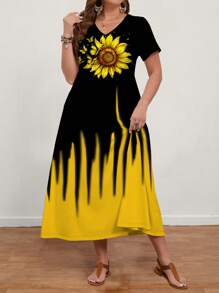 SHEIN CURVE+ Váy họa tiết hoa hướng dương cổ chữ V tay ngắn tối giản thường ngày cỡ lớn dành cho nữ, dáng cong, phong cách Boho - Nhiều màu - Xem 4