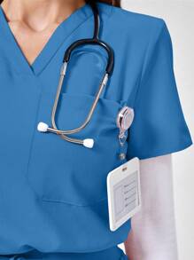 TaskEZ Solid Color V-Neck Short Sleeve Top With Pocket And Waist Tie Pants Uniform Set Scrub Set - Teal Blue - View 7