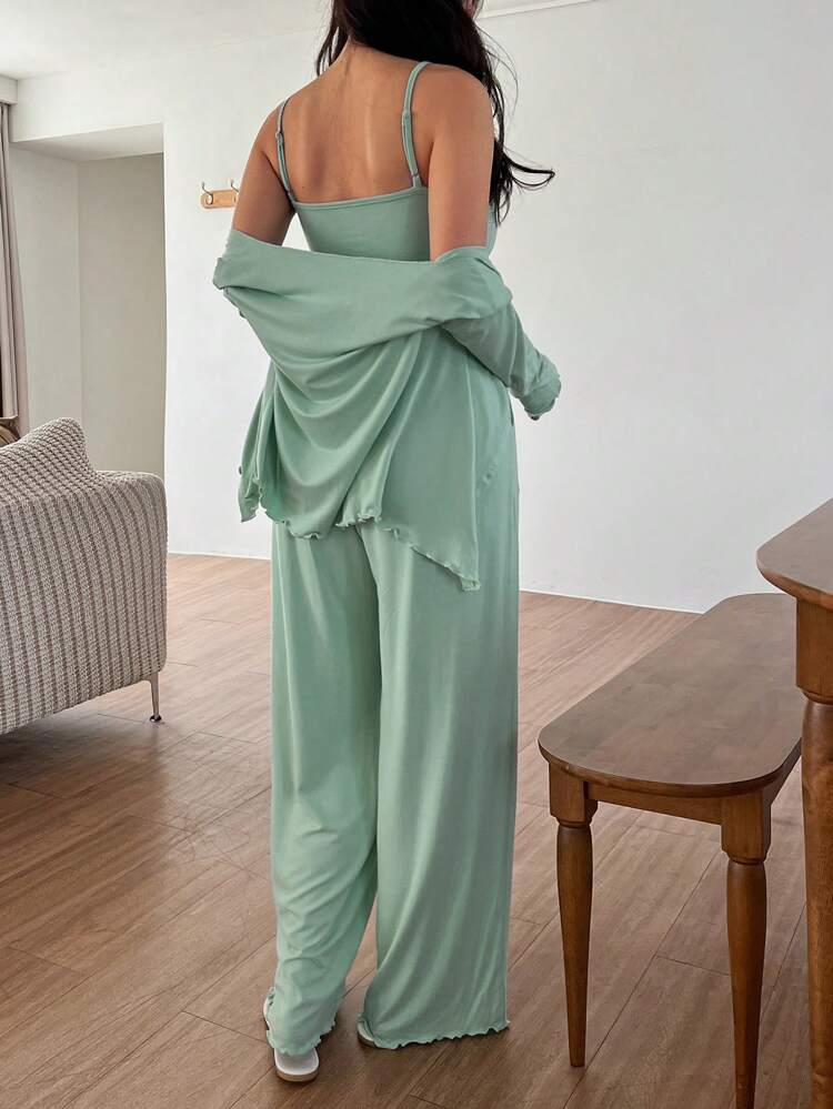 3pcs/Set Solid Color Knit Twist Design Camisole Top & Robe & Pants Lounge Set For Women, Fall Winter Clothes