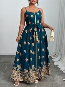 Elenzga Plus Size Women Floral Print Elegant Sleeveless Dress For Summer Vacation - Green - View 3