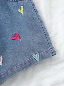 Tween Girl Light-Wash Playful Heart Embroidered Casual Loose Waist Denim Shorts, Simple Fashion Versatile Everyday Wear, School, Campus, College - Light Wash - View 4