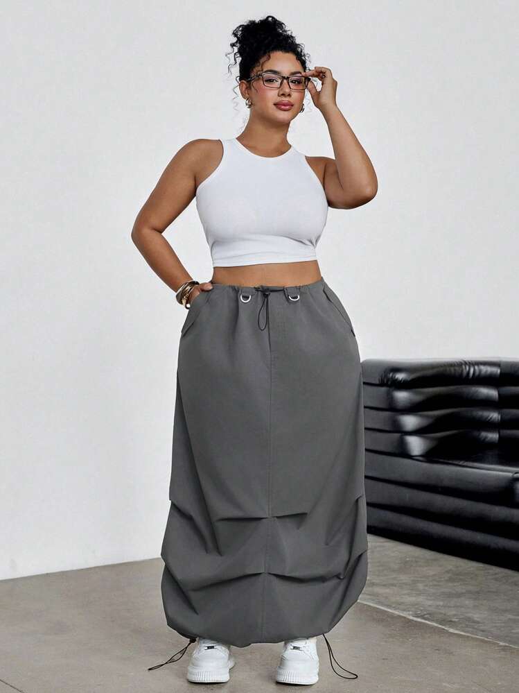 SHEIN EZwear 大码女式纯色抽绳腰褶皱宽松A字裙，夏季度假牛仔西部风商务休闲女装节日机场毕业典礼锐舞派对性感Y2K牛仔街头风辣妹2000年代迪斯科 - 灰色 - 查看 6