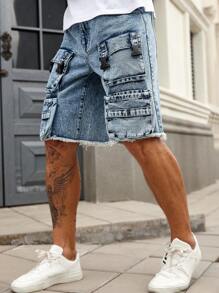 Manfinity Roughcore Herren ausgewaschene hellblaue Denim Cargo Shorts, Streetwear Loose Fit Jorts - Helle Waschung - Übersicht 7
