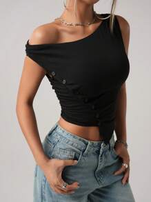 SHEIN ICON Camiseta de mujer de manga corta con hombros descubiertos, minimalista, sexy, con botones asimétricos en la cintura y plisados - Negro - Ver 5