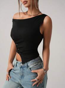 SHEIN ICON Camiseta de mujer de manga corta con hombros descubiertos, minimalista, sexy, con botones asimétricos en la cintura y plisados - Negro - Ver 3