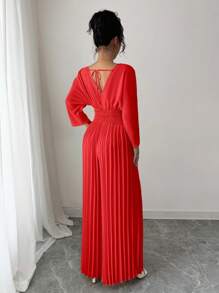 Rafferiza 女士纯色长袖连体裤，夏季时尚 - 紅色 - 查看 6