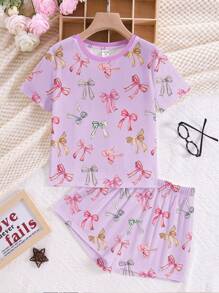 SHEIN Leap Crew 青少年女孩休闲简约圆领短袖短裤睡衣套装，适合夏季 - 彩色 - 查看 3