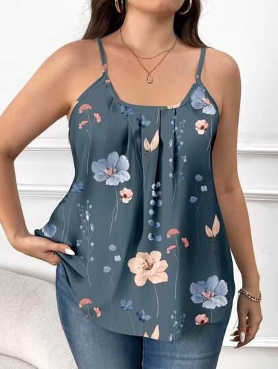 SHEIN Frenchy 大码休闲优雅花卉印花吊带背心，适合夏季