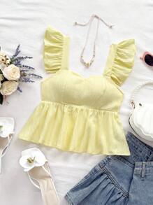 Soleia Blouse femme en tissu texturé coupe évasée avec manches courtes, convient pour les vacances, les festivals de musique, le style bohème, les jours fériés, les rendez-vous de thé l'après-midi - Jaune moutarde - Voir 3