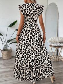 SHEIN LUNE V-Neck Cap Sleeve Waist Gathering Ruffled Hem A-Line Midi Dress, Casual Leopard Print, Elegant For Vacation Or Outdoor Wear Leopard Dress,Sun Dresses For Women,Shirt Dresses For Women - Apricot - View 2