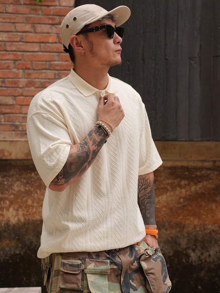 Men's Beige Polo Shirt With Letter Embroidery & Shiny Pearl Design, Summer