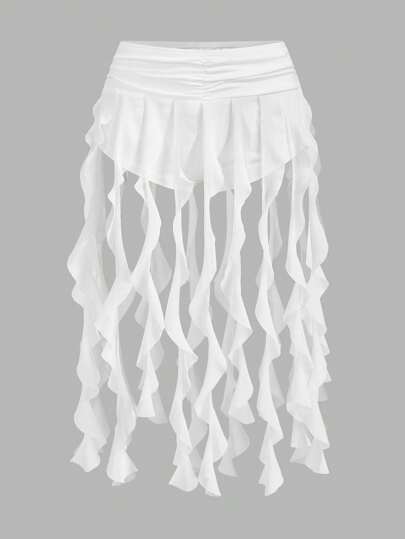 SHEIN ICON Damen ausgefallener asymmetrischer Rüschen Hoher Schlitz Mesh Überlagerungs Rock, Schwarz