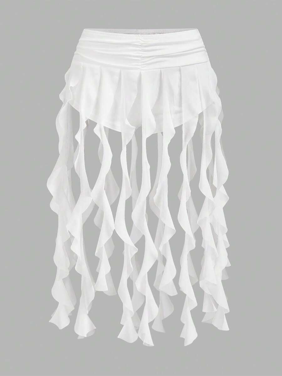 SHEIN ICON Women's Outgoing Asymmetric Ruffle High Slit Mesh Overlay Skirt, Black - White - View 1