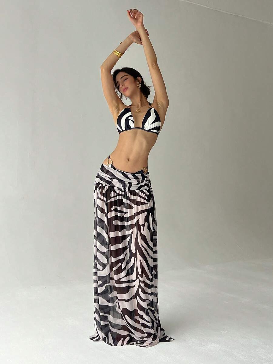 Aloruh 女士夏季透明印花飘逸半身裙，度假风格 - 彩色 - 查看 1