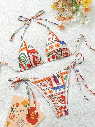 Soleia 女士性感优雅浪漫花卉印花迷你三角吊带泳衣上衣和串珠系带侧边迷你丁字裤比基尼套装，适合春夏季度假