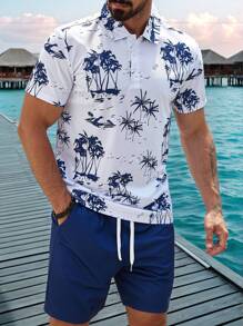 Manfinity RSRT Men's Summer Vacation Coconut Tree Print Short Sleeve Polo Shirt And Shorts Set - Blue and White - View 3