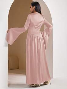 Veilorie 女士长袖连衣裙，纯色，夏季时尚 - 粉色 - 查看 3