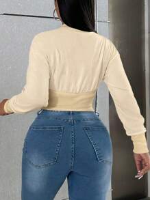 VaVaBold Chaqueta corta de mujer de un solo botonadura, de manga larga, de unicolor y con parches - Albaricoque - Ver 2