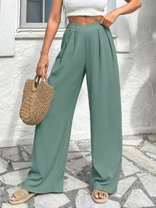 Women's Solid Color Asymmetric Waistband Pleated Loose Wide Leg Casual Pants - Mint Green - View 4