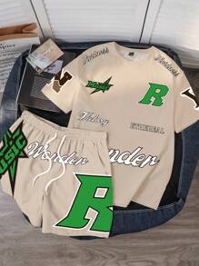 Manfinity Joysei Men's Fashion Loose Knit Retro Short Sleeve Round Neck Letter Print T-Shirt Set, Suitable For Summer Outings - Khaki - View 1