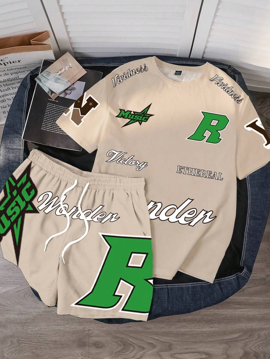 Manfinity Joysei Men's Fashion Loose Knit Retro Short Sleeve Round Neck Letter Print T-Shirt Set, Suitable For Summer Outings - Khaki - View 1