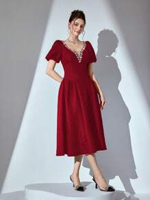 Poshira High-End Vintage Simple French Design Party Dress, Prom Dress - Burgundy - View 7