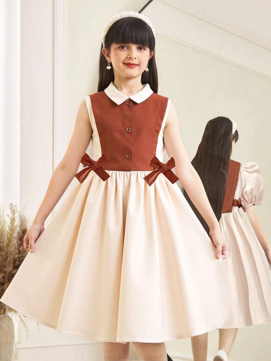 SHEIN 女童短袖翻领侧开衩两件套撞色休闲连衣裙 - 黃色 - 查看 1