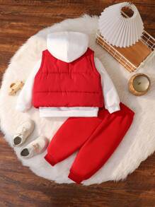 SHEIN Leap Crew 男宝宝休闲百搭红白加垫背心外套连帽运动衫和长裤 3 件套，宽松版型，适合秋冬季户外活动 - 紅白色 - 查看 2