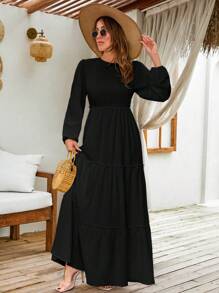 EURMUSE LANTERN LONG SLEEVE LAYERED LONG DRESS - Black - View 3