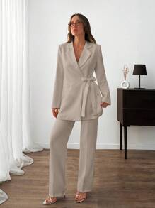 EURMUSE WOMEN ELEGANT SUIT SET WITH BELT DETAILED - Beige - View 3