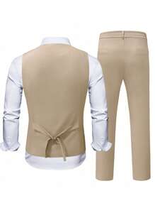 Calvornis Traje casual de chaleco y pantalones de unicolor para hombres, ropa de vestir, atuendos de vestir para hombres, conjunto de pantalones elegantes para hombres - Caqui - Ver 2