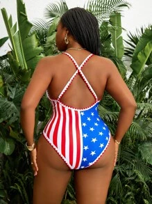 Slaydiva 1 pezzo Costume da bagno intero da donna taglie forti con scollo a V profondo, con stampa della bandiera USA del 4 luglio, stile sexy e da vacanza