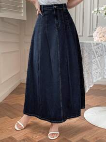 DAZY 女士休闲深色牛仔裙，春夏牛仔裙 - 藍色 - 查看 4