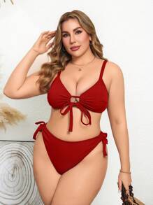 Swim Vcay Adjustable Strap Plus Size Swimsuit Set, Vacation Leisure Enhancing Front For Summer - Red - View 3
