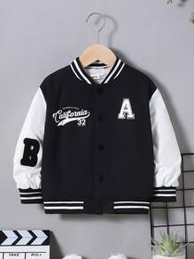 SHEIN 男小童字母圖案條紋飾邊學院風夾克 - 黑與白 - 查看 7