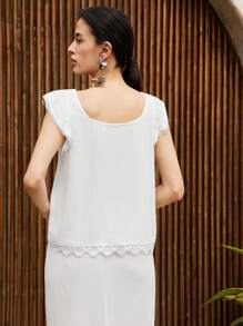 Uhlyne Spring & Summer V-Neck Embroidered Blue Sleeveless Open Front Casual Short Shirt With Lace Trim - White - View 2