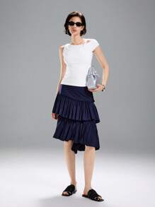 LYSMO Asymmetrical Pleated Blue Skirt, Fashionable For Summer - Navy Blue - View 6