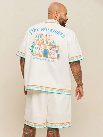 EASEVO 大码男士休闲印花梭织短袖衬衫和短裤套装