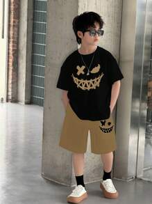 SHEIN 2pcs Tween Boys Casual Minimalist Round Neck Short Sleeve T-Shirt And Shorts Set, Suitable For Summer - Khaki - View 2