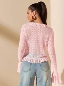 SHEIN BAE Blusa de manga larga con volantes y cordones estilo sexy y minimalista en color albaricoque, adecuada para primavera y verano, apta para el Día de San Valentín, fiestas, citas románticas, dama de honor, trabajo, cumpleaños y talla grande ocasiones