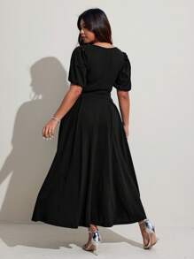 Viva Relle Plus Size Summer Elegant Faux Pearl Beaded Puff Sleeve Dress - Black - View 6