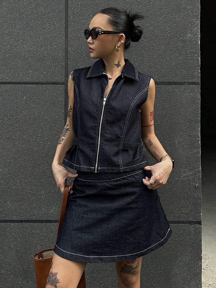 Western Cowgirl Contrast Stitch Slim Fit Zip-Up Sleeveless Jacket & A-Line Mini Skirt Summer Casual 2pcs Denim Outfit For Women