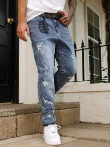 Manfinity LEGND Men's Casual Versatile Distressed Jeans With Pockets - Medium Wash - View 8