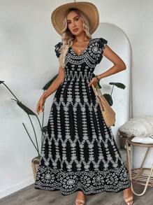 SHEIN LUNE 褶皱荷叶边荷叶袖喇叭腰下摆长裙，蓝白瓷印花，女士休闲度假优雅街头服饰 - 黑色 - 查看 5