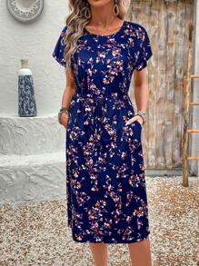 EMERY ROSE Women's Striped Drawstring Waist Slant Pocket Casual Dress For Summer - Blue - View 3