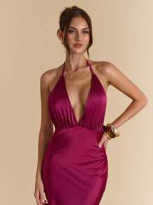 SHEIN BAE Solid Burgundy Sexy Deep V-Neck Pleated Long Satin Women's Dress, Suitable For Banquet, Wedding Bridesmaid Dress, Elegant Dress - Burgundy - View 4