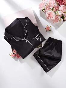Girls Pajamas Set, Soft Solid Color Waffle Knit Applique Heart, Collar Button Short Sleeve & Shorts 2pcs For Teens - Black - View 3